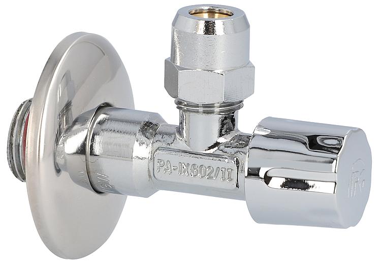 Eckventil DN15(1/2") mit Längenausgleich DN10(3/8")x10, Messing verchromt Eckventil DN15(1/2") mit Längenausgleich DN10(3/8")x10, Messing verchromt