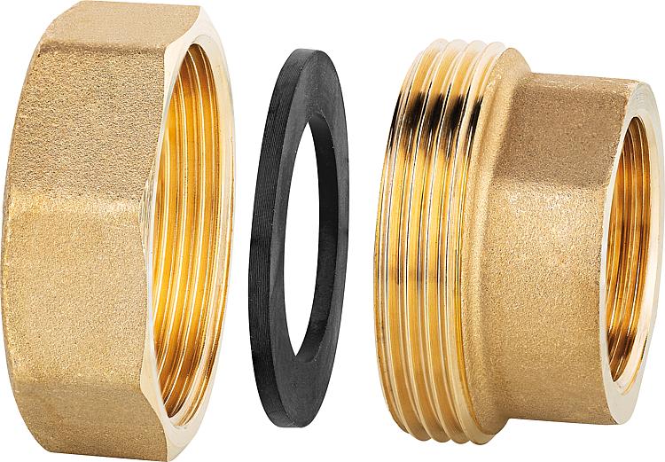 Verschraubungsset 11/4" Messing vernickelt Überwurfmutter 11/2" Dichtung und Ein Verschraubungsset 11/4" Messing vernickelt Überwurfmutter 11/2" Dichtung und Ein