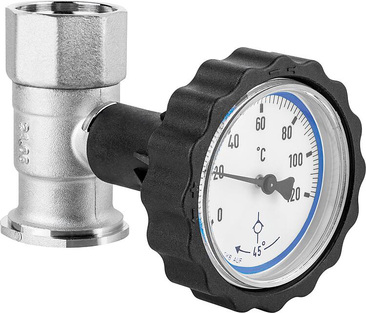 RL-Pumpenflanschkugelhahn 1" mit Thermometerhandgriff blau und Schwerkraftbremse RL-Pumpenflanschkugelhahn 1" mit Thermometerhandgriff blau und Schwerkraftbremse