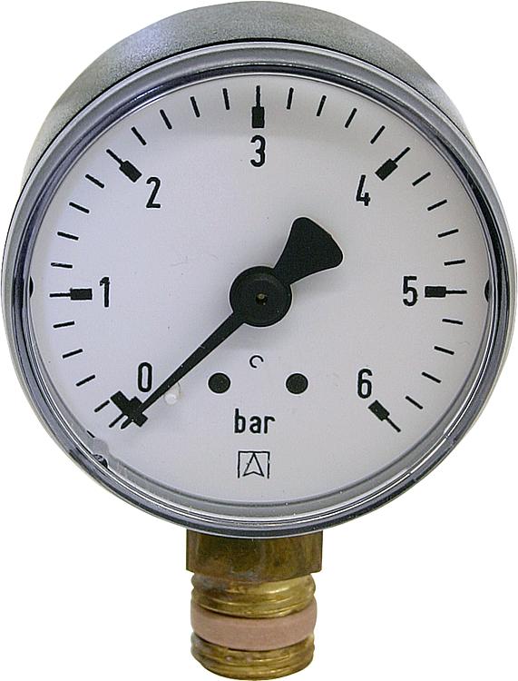 RF-Manometer 50 radial 0-6 bar, Anschluss 1/4" radial (unten) RF-Manometer 50 radial 0-6 bar, Anschluss 1/4" radial (unten)