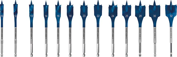 Flachfräsbohrer BOSCH 13-teilig Expert SELFCUT Ø 10/12/13/14/16/18/20/22/24/25/28/30/32mm, Länge
152 mm, 1/4" Sechskantaufnahme