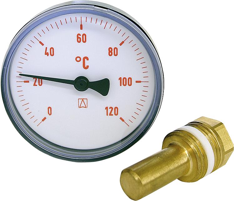 Bimetall-Thermometer 0-120  C 63 mm durch., Kunststoffgehäuse rot(ohne Kugelhahn
