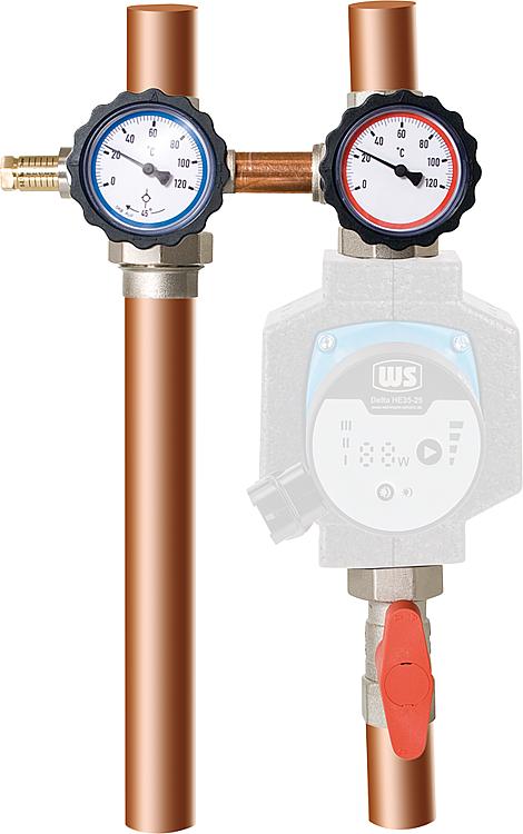 Pumpenabsperrset DN25 (1") mit Bypass, Vorlauf rechts ÜWM und Thermometer rot/bl