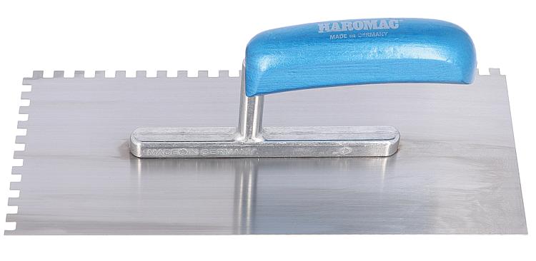 Glättekelle HAROMAC 6x6 gezahnt 280mm Stahl, gehärtet blaues Heft