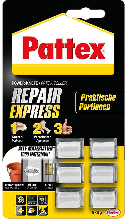 Reparaturknete PATTEX Powerknete Repair Express 6 Portionen á 5g Blisterkarte Reparaturknete PATTEX Powerknete Repair Express 6 Portionen á 5g Blisterkarte