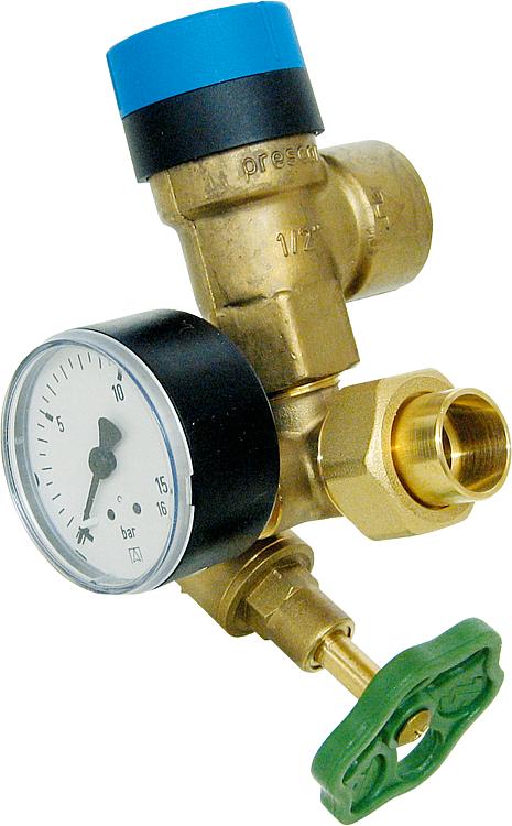 Boilersicherheitsgruppe DN15 mit Manometer 0-16 bar und Sicherheitsventil 10 bar Boilersicherheitsgruppe DN15 mit Manometer 0-16 bar und Sicherheitsventil 10 bar