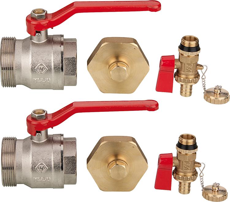 Soleverteiler-Set 2x Kugelhahn DN 40 IG x DN 50 AG 2x Kappe DN 50 Soleverteiler-Set 2x Kugelhahn DN 40 IG x DN 50 AG 2x Kappe DN 50