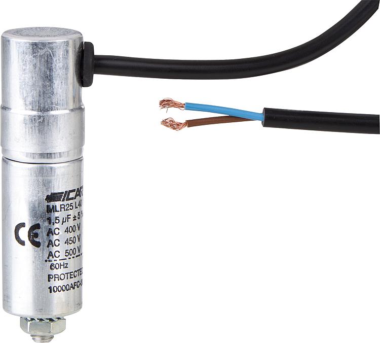 Kondensator - 1,5 für Motoren u. Umwälzpumpen bis 400 Volt MLR25L4015 2563 J/C mit Kabel Kondensator - 1,5 für Motoren u. Umwälzpumpen bis 400 Volt MLR25L4015 2563 J/C mit Kabel