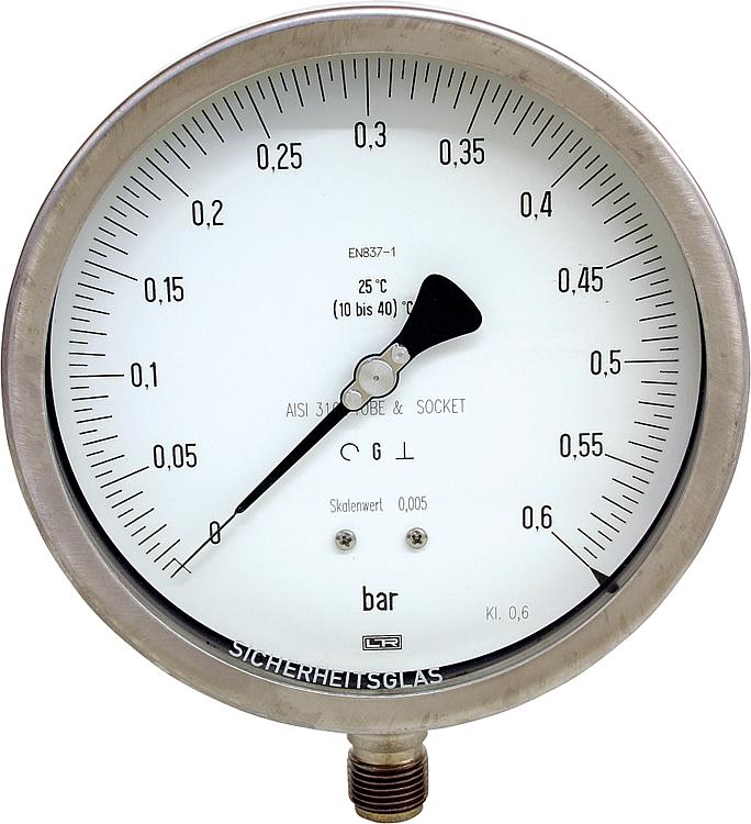 Feinmess-Manometer DN 15 (1/2") radial,0-1 bar,   160 mm, Klasse 0,6