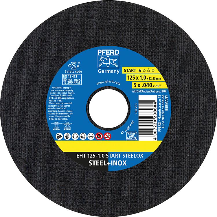 Trennscheibe Pferd Ø 125 x 1,0 x 22,23 mm für Stahl, Edelstahl, VPE 10 Stk. Trennscheibe Pferd Ø 125 x 1,0 x 22,23 mm für Stahl, Edelstahl, VPE 10 Stk.