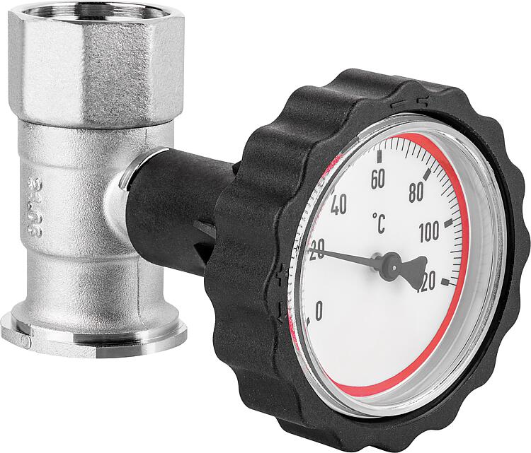 VL-Pumpenflanschkugelhahn 1" mit Thermometerhandgriff rot vernickelt VL-Pumpenflanschkugelhahn 1" mit Thermometerhandgriff rot vernickelt