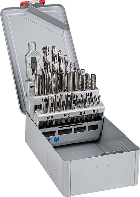 Handgewindebohrersatz 15 teilig, mit Gewindebohrern M 3 - M 12 mit Spiralbohrer in Stahlblechkassette