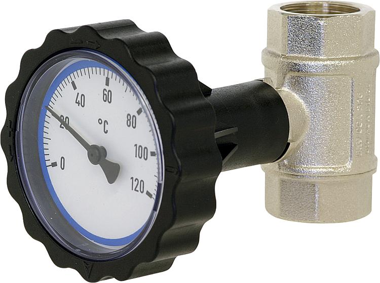 Kugelhahn 1" IGxIG mit Thermometerhandrad blau vernickelt Kugelhahn 1" IGxIG mit Thermometerhandrad blau vernickelt