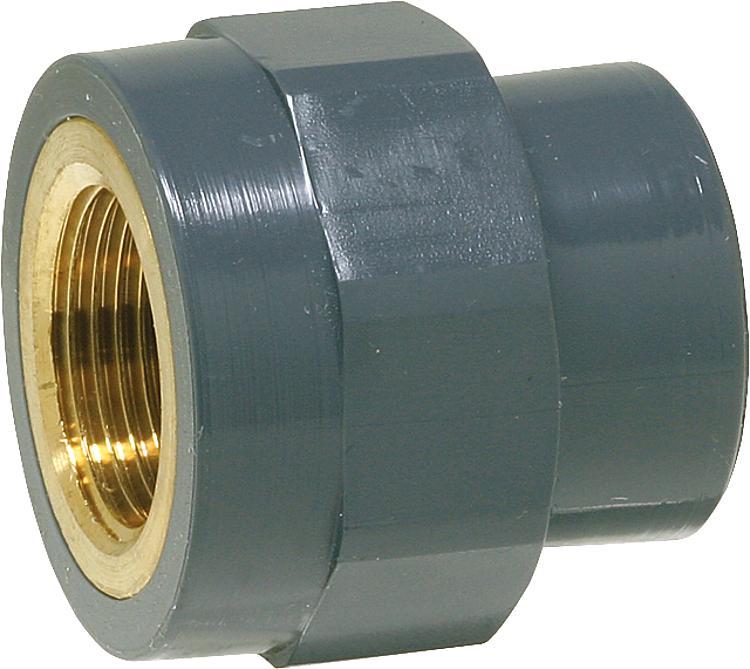 PVC-U - Klebefitting Übergnags-Gewindemuffe, 32 mm x 1", IG, Rotguss vernicklet