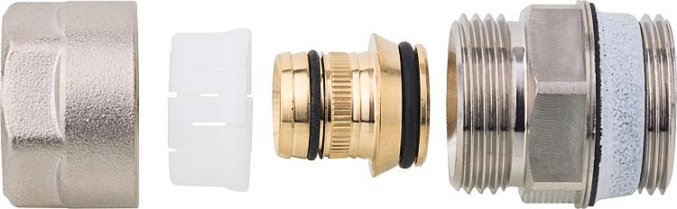 Klemmverschraubung 32 mm x 3/4" mit Doppelnippel für Kunststoffrohre 20x2 mm Klemmverschraubung 32 mm x 3/4" mit Doppelnippel für Kunststoffrohre 20x2 mm