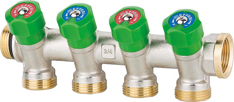 Trinkwasserverteiler 4-fach DN 20 (3/4"), PN16, absperrbar DVGW geprüft, Messing