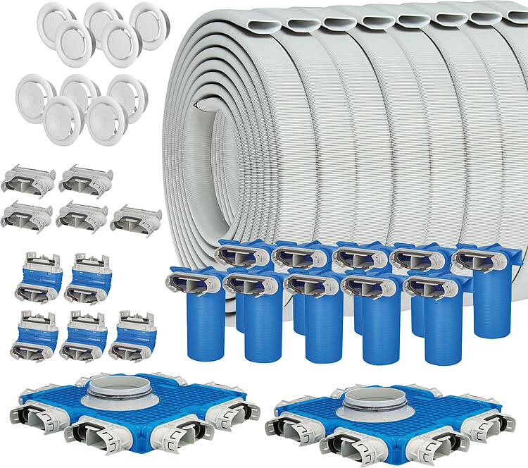 Installations-Starterpaket für zentrale Lüftungsanlagen, Flachrohr 52 x 132 mm, für 10 Luft-Ein-/Auslässe Installations-Starterpaket für zentrale Lüftungsanlagen, Flachrohr 52 x 132 mm, für 10 Luft-Ein-/Auslässe