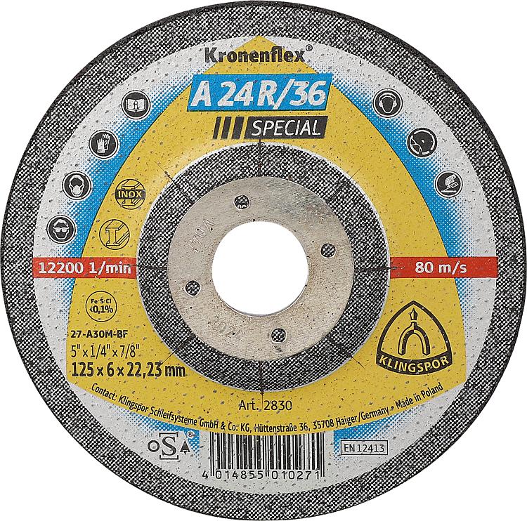 Schruppscheibe KLINGSPOR A 24 R/36 SPECIAL 125 x 6,0 x 22,23 mm, gekröpft Schruppscheibe KLINGSPOR A 24 R/36 SPECIAL 125 x 6,0 x 22,23 mm, gekröpft