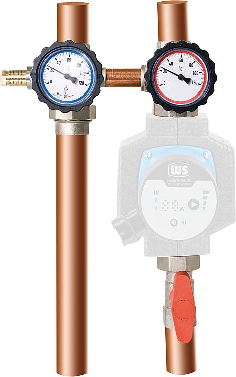 Pumpenabsperrset DN25 (1") mit Bypass, Vorlauf rechts ÜWM und Thermometer rot/bl Pumpenabsperrset DN25 (1") mit Bypass, Vorlauf rechts ÜWM und Thermometer rot/bl