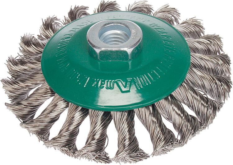 Zopfkegelbürste Ø 115x12 mm Stahldraht 0,5 mm rostfrei, Gewindeaufnahme M 14 Zopfkegelbürste Ø 115x12 mm Stahldraht 0,5 mm rostfrei, Gewindeaufnahme M 14