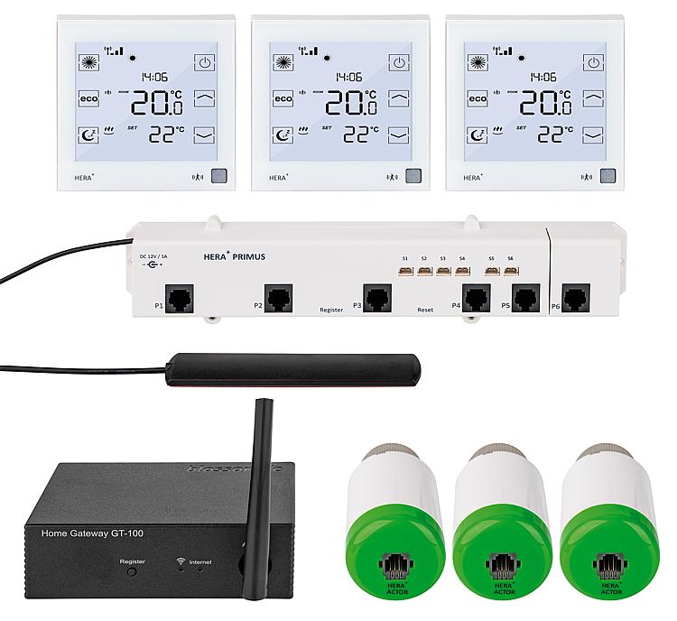 Hera+ Primus PRO Tres-Set, 3x Thermostat, 3x Actor, 1x Primus PRO, 1x Gateway GT Hera+ Primus PRO Tres-Set, 3x Thermostat, 3x Actor, 1x Primus PRO, 1x Gateway GT