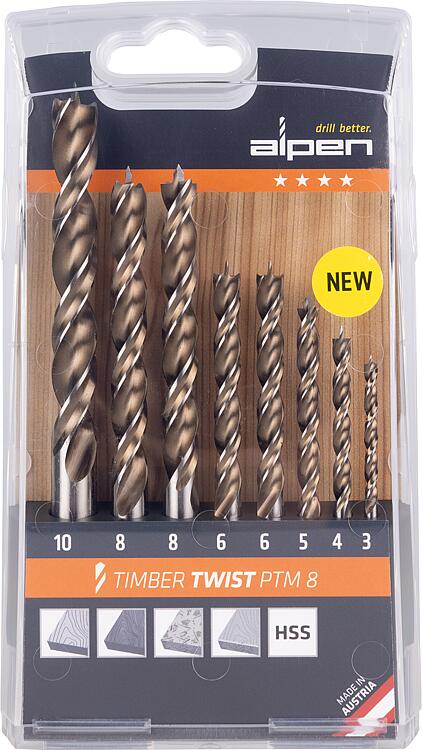 Holzspiralbohrer-Set Alpen HSS, 8-teilig, 3/4/5/2x6/2x8/10 mm