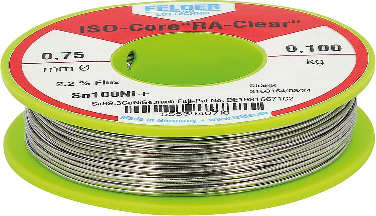 Elektronik-Lötdraht, ISO-Core "RA-Clear", Sn100Ni+, 2,2 % Flussmittelanteil, 0,75 mm, 0,100 kg Elektronik-Lötdraht, ISO-Core "RA-Clear", Sn100Ni+, 2,2 % Flussmittelanteil, 0,75 mm, 0,100 kg