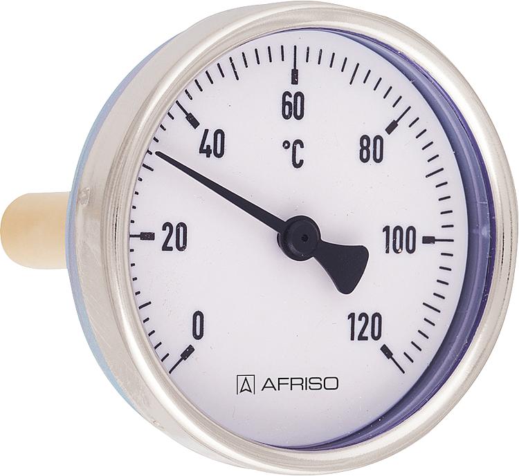 Bimetall-Zeigerthermometer 0 - 120 C, 1/2", 63 mm, Stahlblechgehäuse Bimetall-Zeigerthermometer 0 - 120 C, 1/2", 63 mm, Stahlblechgehäuse