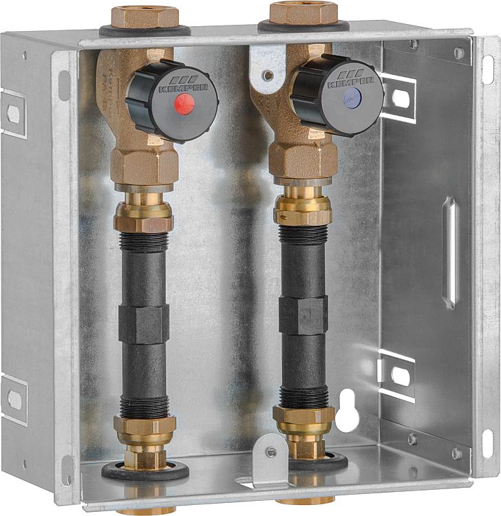 Einbaukasten Wasserzähler DN20(3/4"), 2xRotguss Ventil Passstück 110mm, ohne Abd