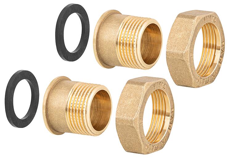 Gewindeanschluß-Verschr. 1 1/4" mit je 2 Überwurfmuttern, Gewindetüllen und Dich Gewindeanschluß-Verschr. 1 1/4" mit je 2 Überwurfmuttern, Gewindetüllen und Dich