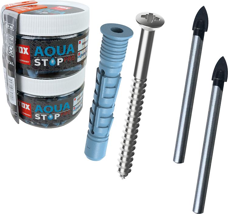 TOX Allzweckdübel Aqua Stop Pro 62 teilig 6x38/8x50 mm + Schraube in Runddose VPE: 62 TOX Allzweckdübel Aqua Stop Pro 62 teilig 6x38/8x50 mm + Schraube in Runddose VPE: 62