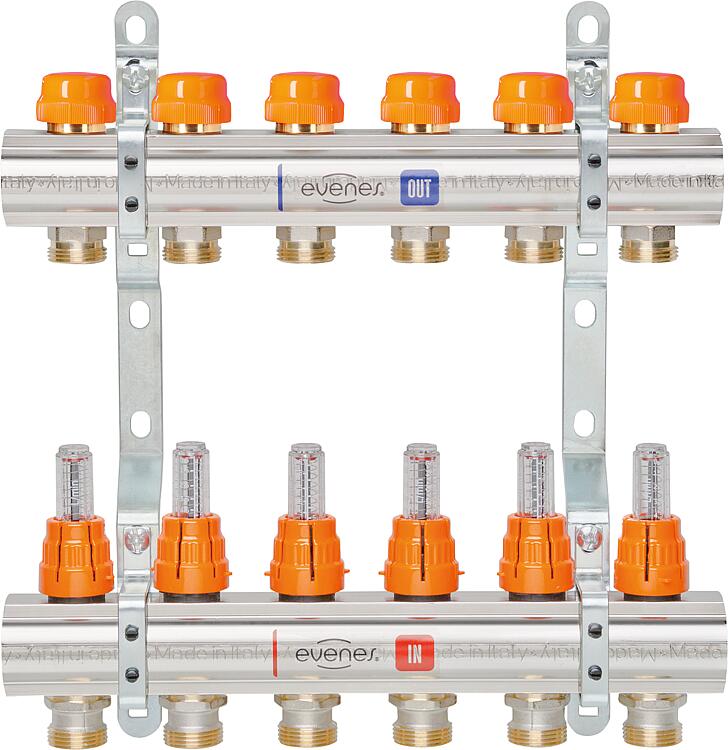 Heizkreisverteiler evenes M 6.10 Dynamic, DN25 (1") Messing, 10 Heizkreise mit Durchflussmesser Heizkreisverteiler evenes M 6.10 Dynamic, DN25 (1") Messing, 10 Heizkreise mit Durchflussmesser