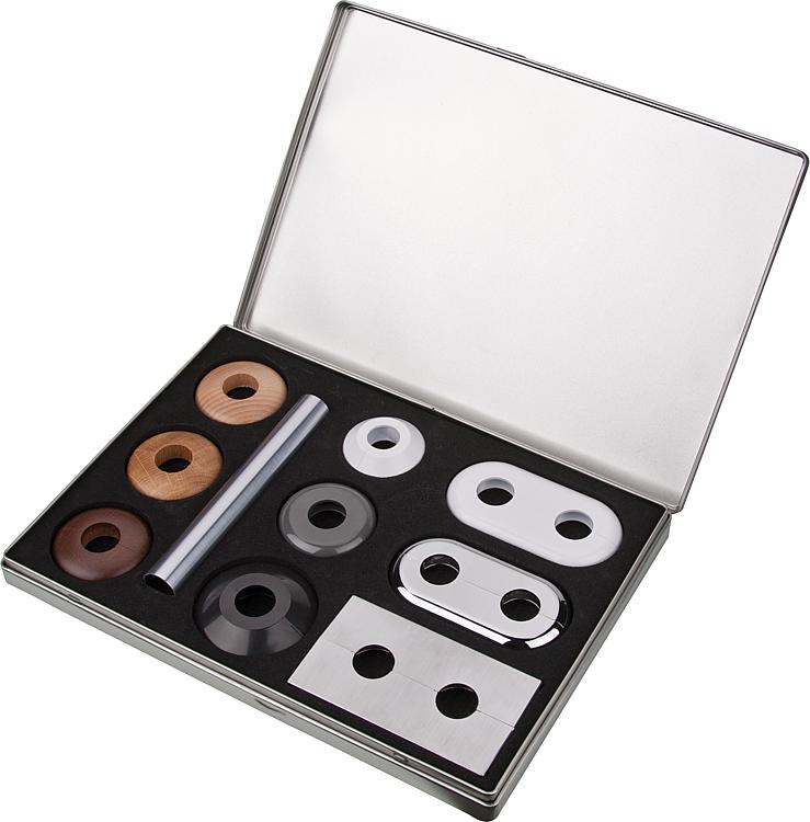 Musterbox Rosetten groß 6x Einzelrosette, 3x Doppelrosette, 1x Schutzrohr DIN A4