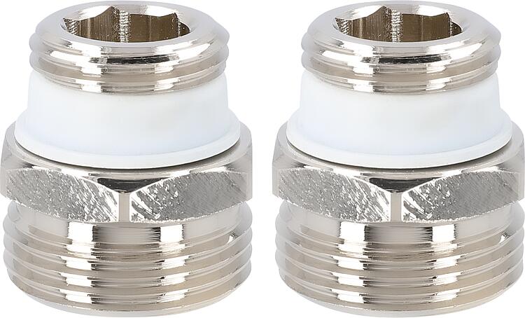 Übergangsnippel-Set Eurokonus DN20 (3/4") x DN15 (1/2") AG, messing vernickelt, selbstdichtend (2 Stück) Übergangsnippel-Set Eurokonus DN20 (3/4") x DN15 (1/2") AG, messing vernickelt, selbstdichtend (2 Stück)