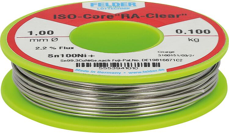 Elektronik-Lötdraht, ISO-Core "RA-Clear", Sn100Ni+, 2,2 % Flussmittelanteil, 1,00 mm, 0,100 kg Elektronik-Lötdraht, ISO-Core "RA-Clear", Sn100Ni+, 2,2 % Flussmittelanteil, 1,00 mm, 0,100 kg