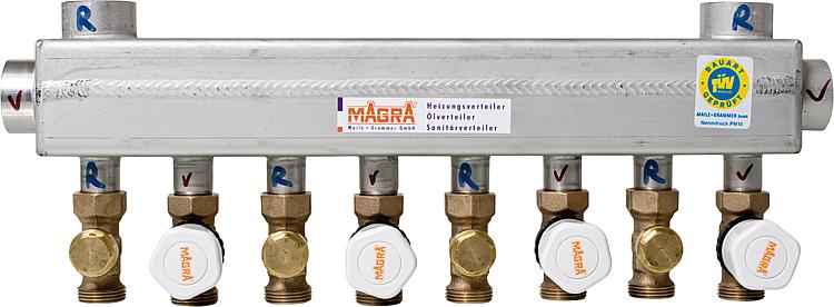 Edelstahl-Verteiler 60/60 mit mont. Magra-Ventilen für 11 Heizgruppen Edelstahl-Verteiler 60/60 mit mont. Magra-Ventilen für 11 Heizgruppen