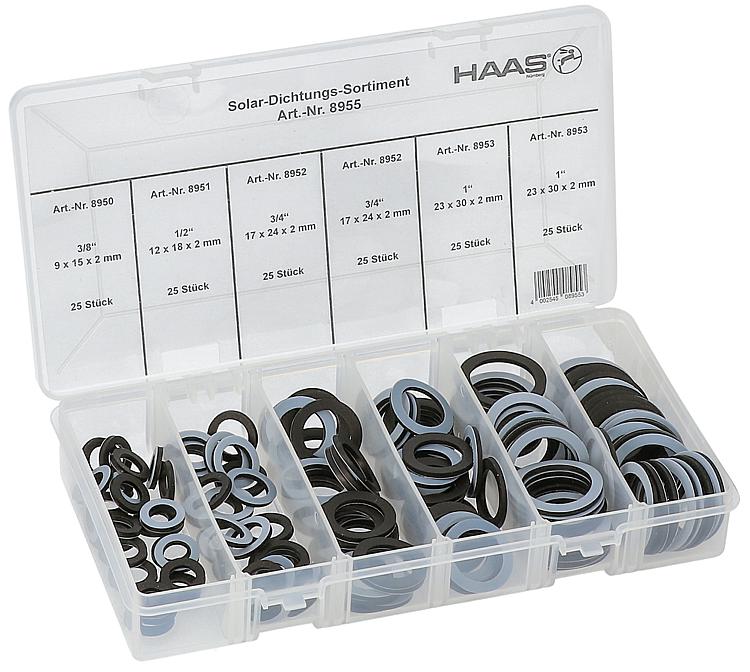 Solar-Dichtungs-Sortiment Größe: DN 10 (3/8") x DN 25 (1") Inhalt: 150 Stk. Solar-Dichtungs-Sortiment Größe: DN 10 (3/8") x DN 25 (1") Inhalt: 150 Stk.