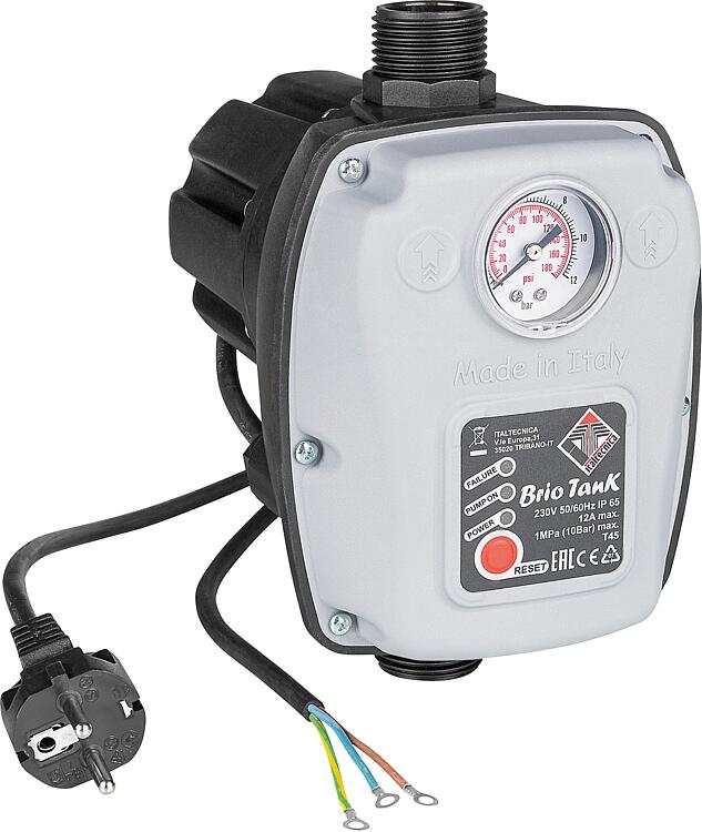 Pumpensteuerung Brio Tank elektronischer Druckschalter mit Schukostecker Pumpensteuerung Brio Tank elektronischer Druckschalter mit Schukostecker