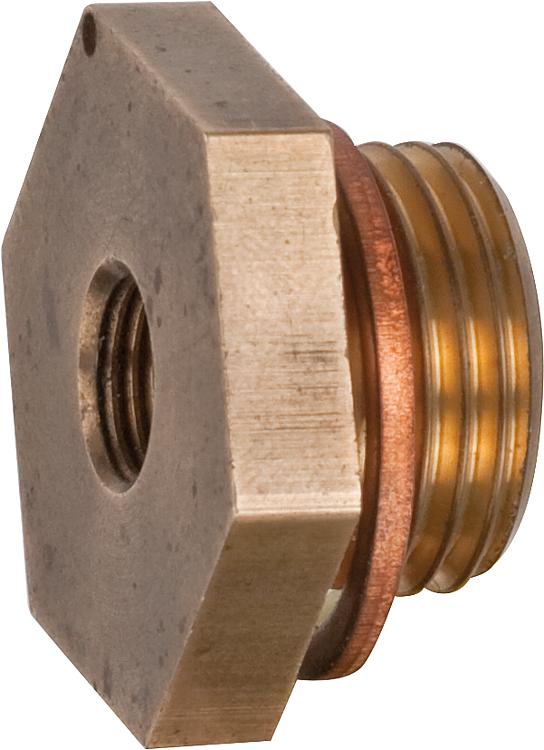 Gewindeadapter DN15 (1/2") x M10 mit Plombierbohrung incl. Kupferdichtung Gewindeadapter DN15 (1/2") x M10 mit Plombierbohrung incl. Kupferdichtung