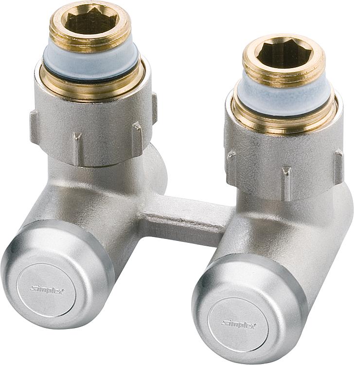 Zweirohr-Hahnblock EV-A Eck vernickelt 15 mm mit Nippel 3/4x1/2''''AG Zweirohr-Hahnblock EV-A Eck vernickelt 15 mm mit Nippel 3/4x1/2''''AG