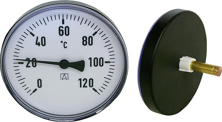 Bimetall-Zeigerthermometer 0-120 C d =100mm, Kunststoffgehäuse mit Fühler 40mm Bimetall-Zeigerthermometer 0-120 C d =100mm, Kunststoffgehäuse mit Fühler 40mm
