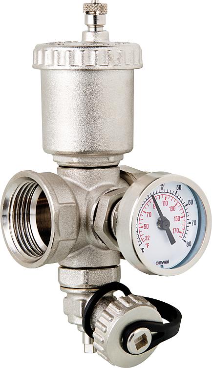 Anschlussstück DN 25 selbstdichtend, mit F+E Hahn, Thermometer + Entlüfter Anschlussstück DN 25 selbstdichtend, mit F+E Hahn, Thermometer + Entlüfter