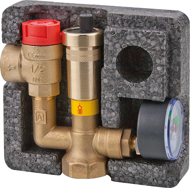 Kesselsicherheitsgruppe MINI, bis 50 kW, DN25(1") mit Isolierung, Sicherheitsventil 3 bar Kesselsicherheitsgruppe MINI, bis 50 kW, DN25(1") mit Isolierung, Sicherheitsventil 3 bar