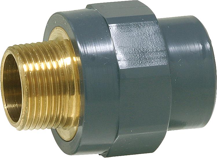 PVC-U - Klebefitting Übergangs-Muffennipppel, 20 mm x 1/2", AG,Rotguss vernickel