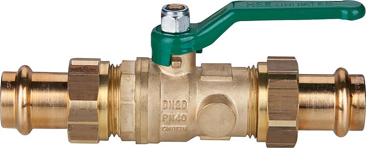 Kugelhahn Uniwater mit Ent- leerung, 2 x Viega Prifipress- Verschraubungen, DN25