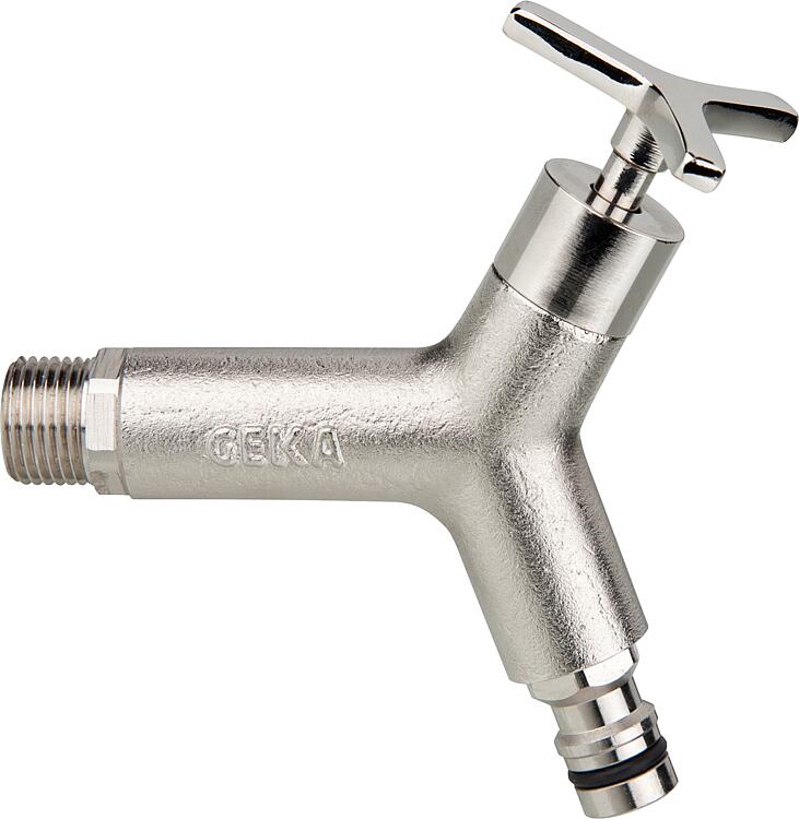 Geka Auslaufhahn, 1/2", Messing vernickelt, mit Stecker Messing Stecksystem Geka Auslaufhahn, 1/2", Messing vernickelt, mit Stecker Messing Stecksystem