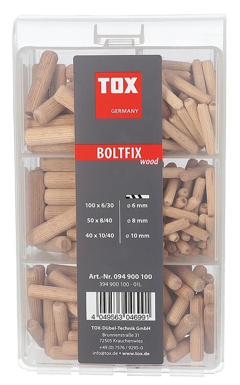 Holzdübel TOX Sortiment 190-teilig Boltfix wood 100x 6x30 mm, 50x 8x40 mm, 40x 10x40 mm, Riffeldübel aus massiver Buche