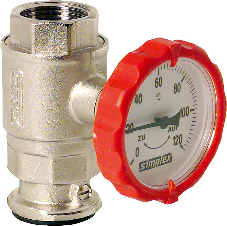 Pumpenkugelhahn mit SKB Typ S integrierter Thermometer 63 mm rund 1", in Rot Pumpenkugelhahn mit SKB Typ S integrierter Thermometer 63 mm rund 1", in Rot