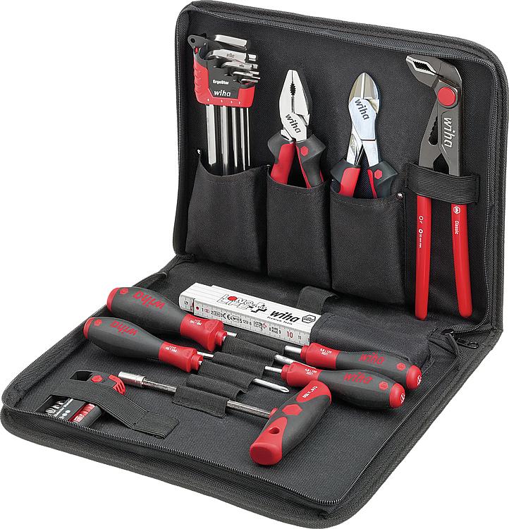 Werkzeug-Set Wiha® Schraubendreher, Kombizange, Seitenschneider, Wasserpumpenzange, 33-teilig, mit Werkzeugmappe