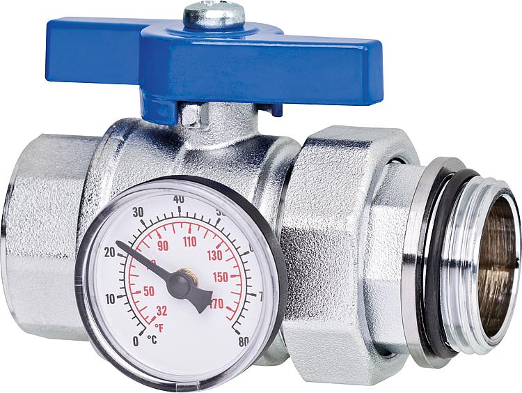 Kugelhahn DN25 (1") mit Verschraubung,Thermometer und Flügelgriff blau Kugelhahn DN25 (1") mit Verschraubung,Thermometer und Flügelgriff blau